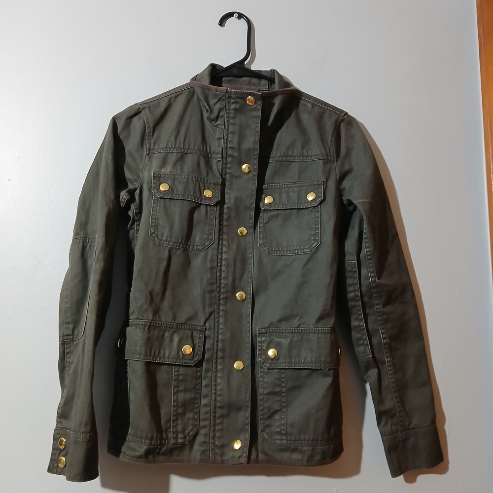 J. Crew Dark Gray Green Utility Jacket Gold Accents Snap Buttons Pockets XXS - Picture 2 of 8